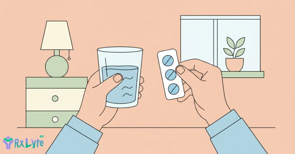 Adult holding gastrointestinal medicine with water for digestive comfort at home
