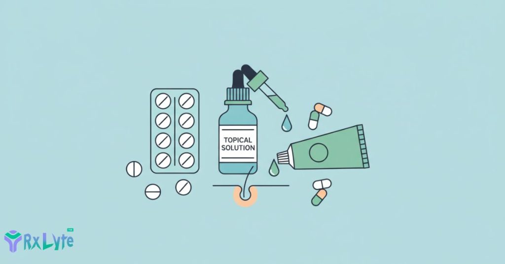 Different forms of hair care medicines including tablets and topical solutions