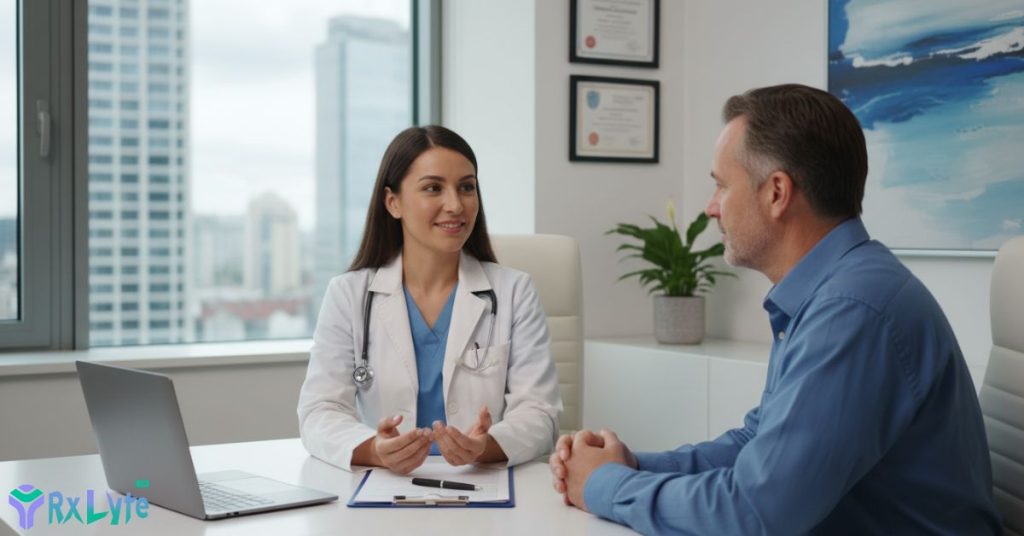 Doctor consulting a male patient in a professional healthcare setting