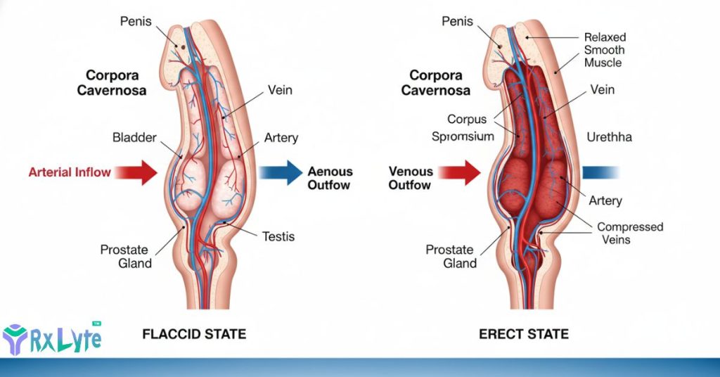 Educational illustration showing blood flow involved in erectile function