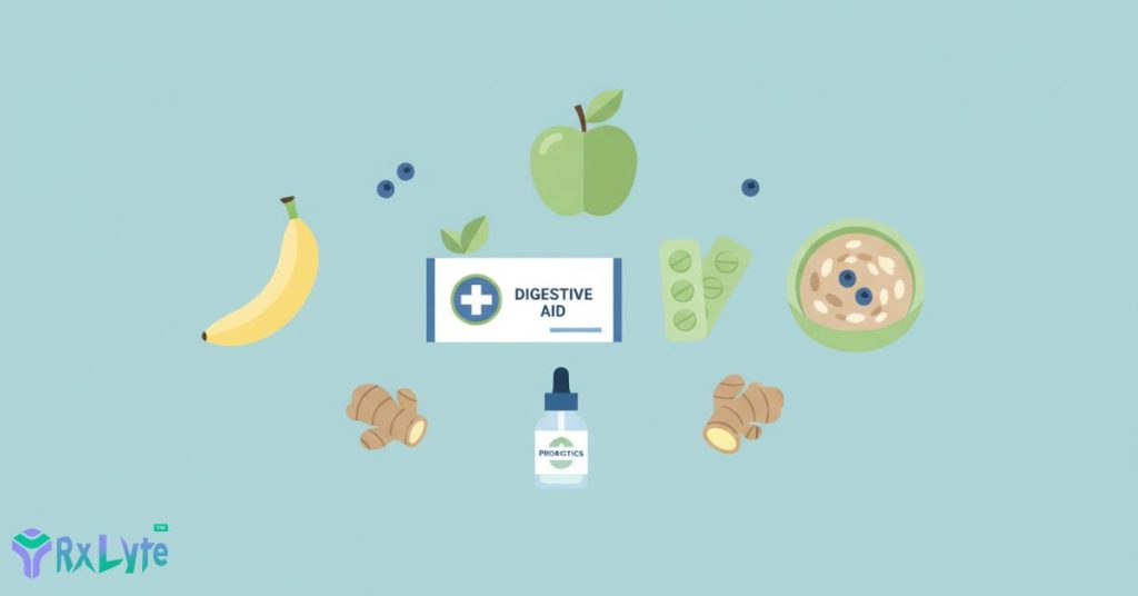 Gastrointestinal medicine packaging placed alongside foods that support digestion