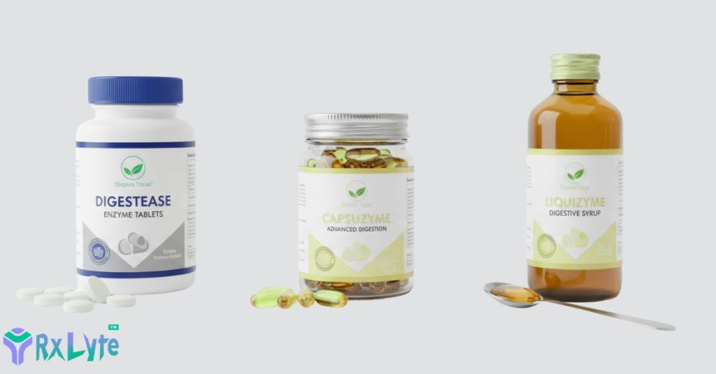 Packshots of digestive enzyme tablets, capsules, and syrups