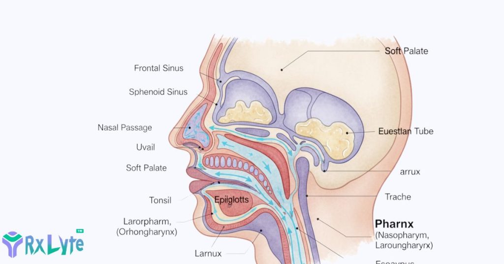 Illustration of the throat, sinuses, and nasal passages