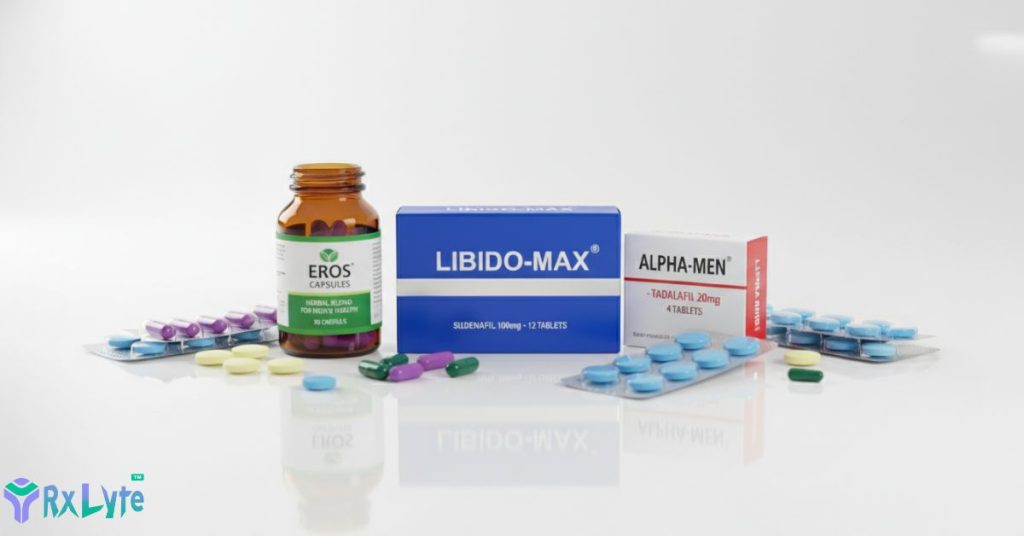 Packshots of erectile dysfunction tablets and capsules