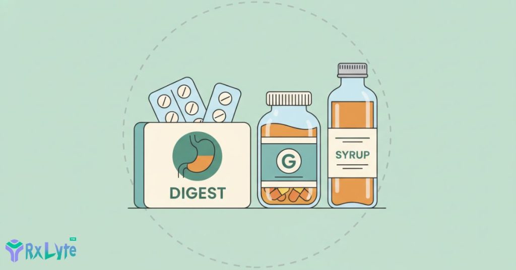 Packshots of gastrointestinal tablets, capsules, and syrups
