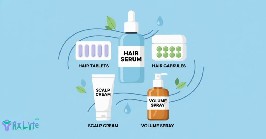 Packshots of hair care tablets, capsules, and topical products